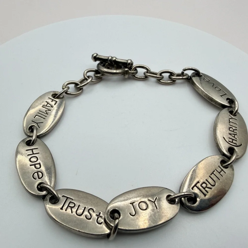 Vintage 90s Silver Tone Inspirational Message Oval Link Bracelet Fashion Jewelry